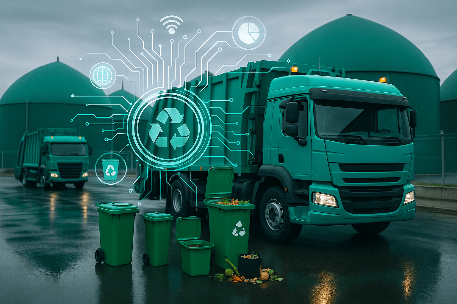 Müllwagen vor Biogasanlage mit Recycling