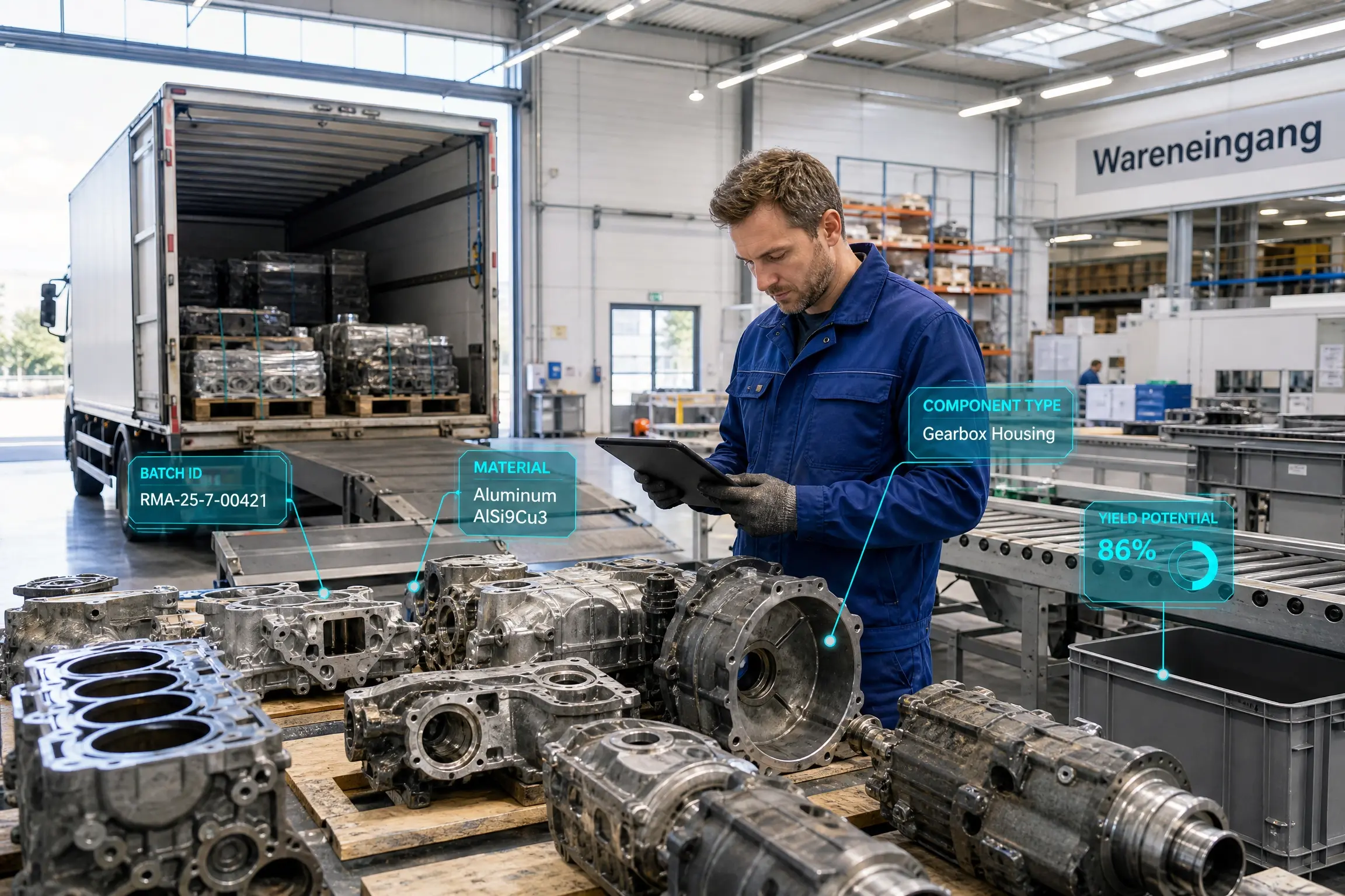 Mitarbeiter prüft Maschinenbauteile auf Rohstoffe und Materialzusammensetzung