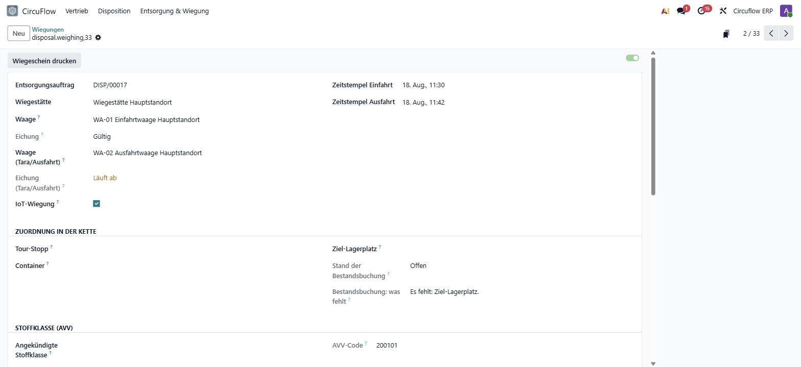 Wiegevorgang in Circuflow: Waagenzuordnung mit Eichstatus und IoT-Wiegung