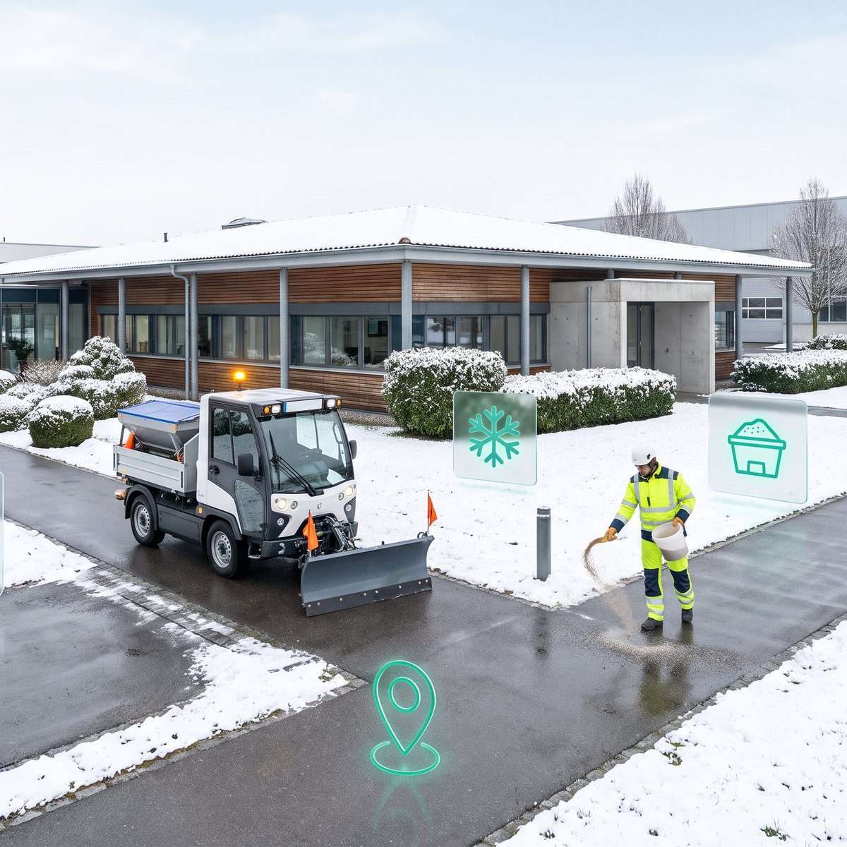 Winterdienst-Einsatz: Räumfahrzeug mit Schneepflug und Streuer sowie Mitarbeiter beim Streuen, digital erfasst in Circuflow