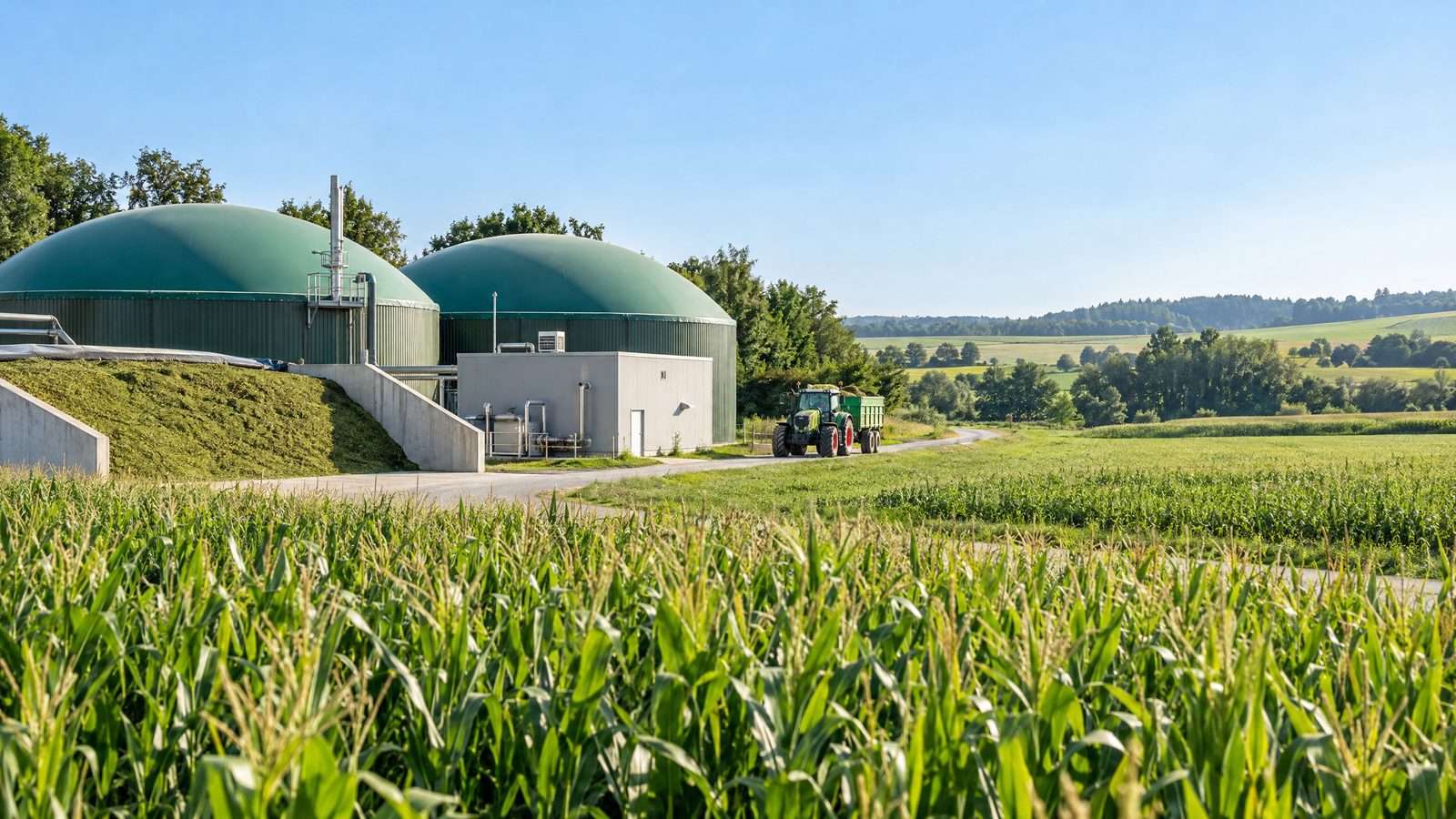Traktor mit Ladewagen liefert Substrat an das Fahrsilo einer Biogasanlage